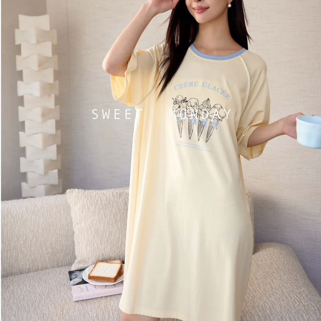 韩版ins家居服女2025莫代尔棉睡衣女短袖睡裙女可爱卡通大码睡裙