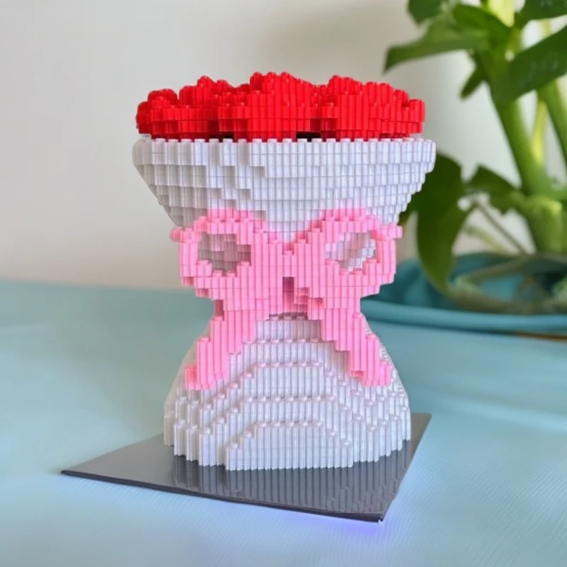 玫瑰花束串联积木拼装玩具3d拼图摆件七夕情人节送女友生日礼物