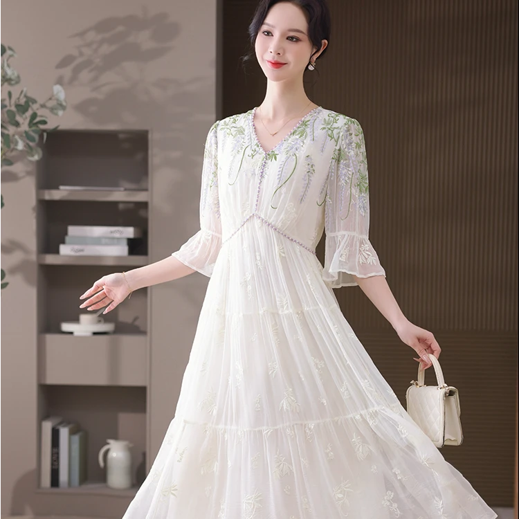 新款【紫藤花】100桑蚕丝带套头连衣裙中国风绣花优雅女装气质蕾丝