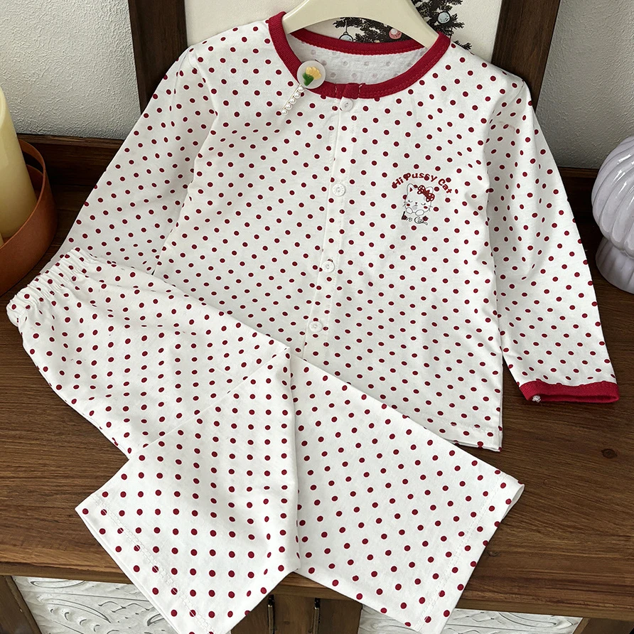 夏季甜美2025可爱风kt猫儿童薄款睡衣套装新款波点卡通家居服纯棉