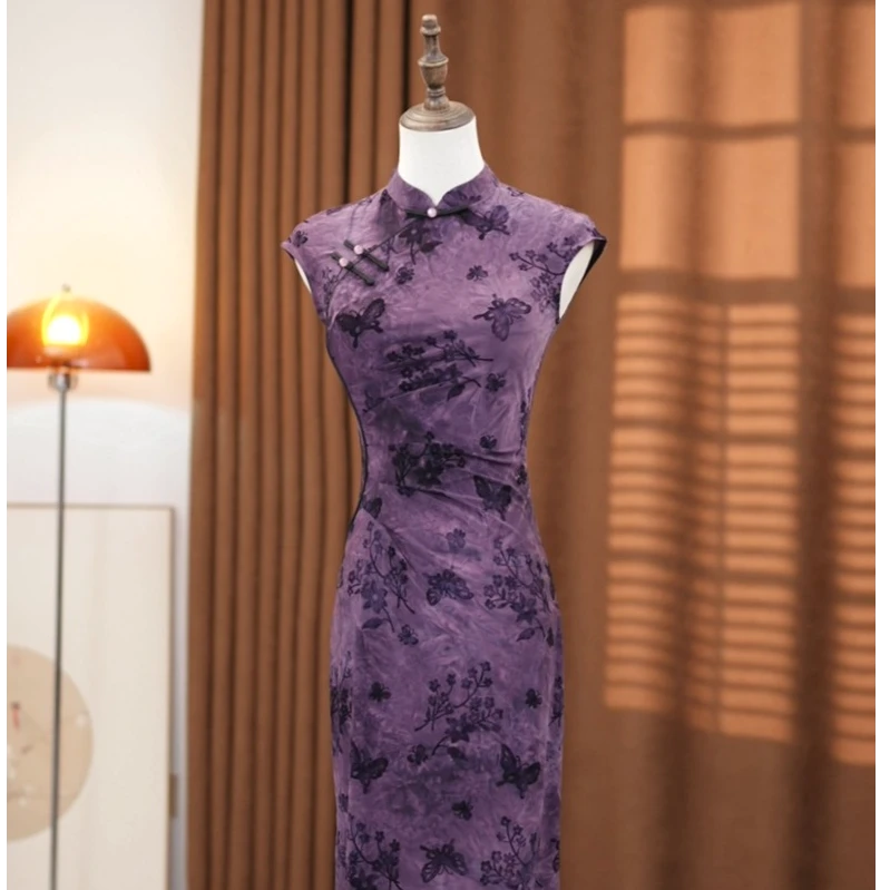 【紫衣】衣长118夏季新款后开叉冰丝绒新中式改良国风气质旗袍
