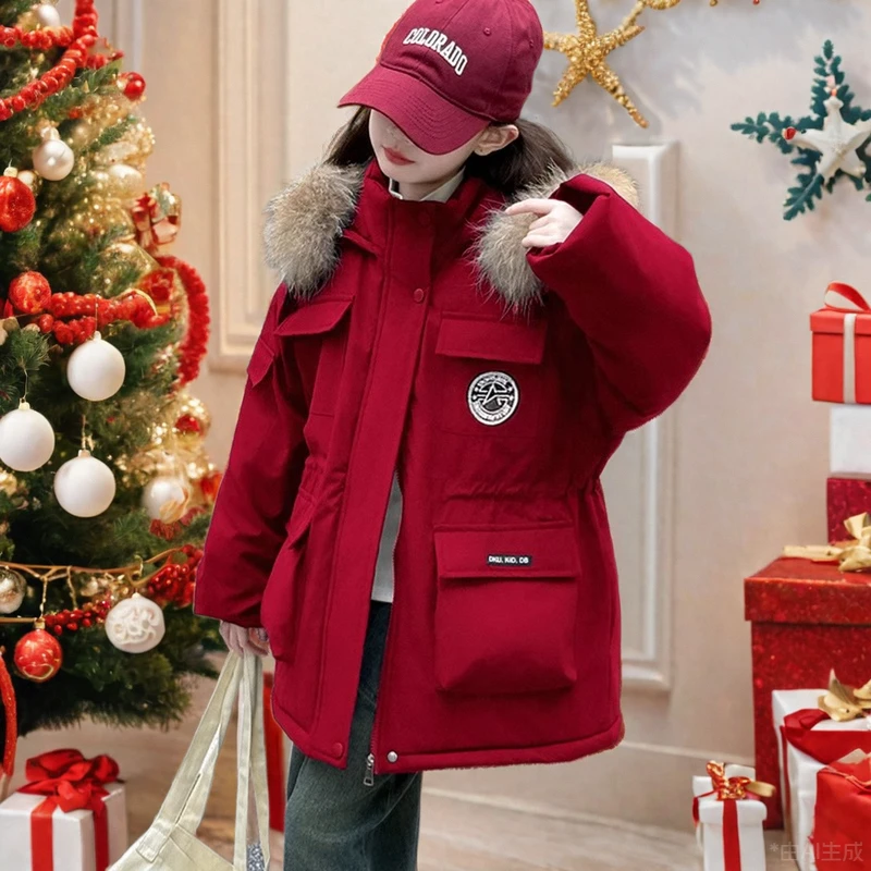 巴拉开门红女童加绒派克服冬季新款毛领中长棉衣大儿童加厚红色年