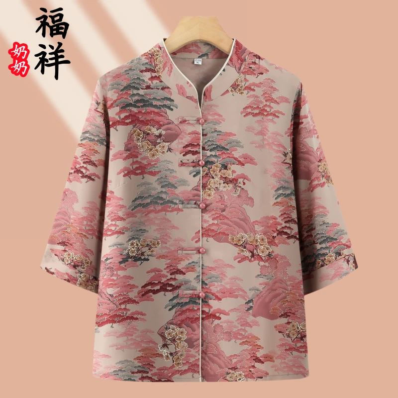 中老年人新款国风衬衫夏季装薄衬衫奶奶清凉衣服婆婆立领上衣女装