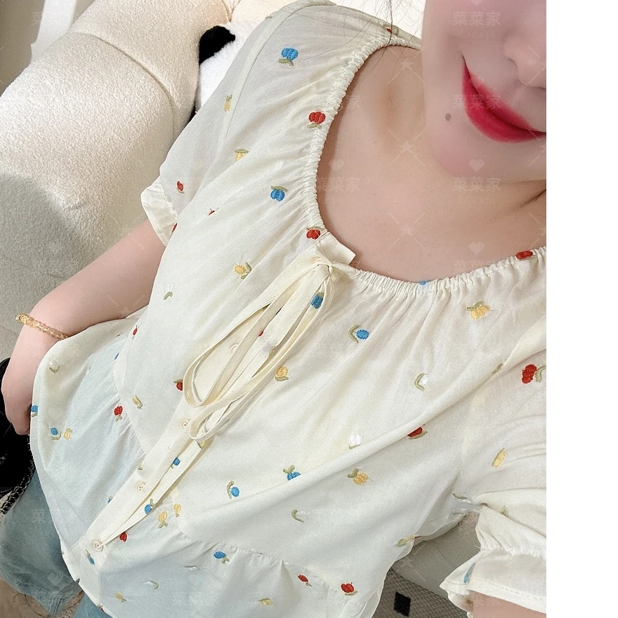 【菜菜家】2025年夏季新款自制立体刺绣小花宽松显瘦上衣CCC11467
