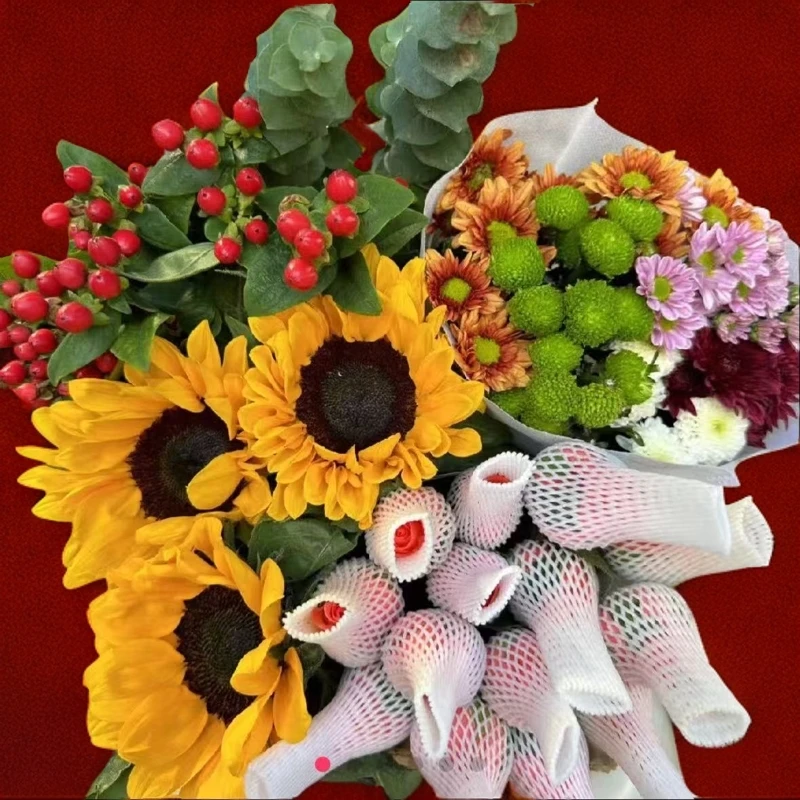 玫瑰10枝+向日葵2枝+雏菊3枝+红豆1扎+配草1扎