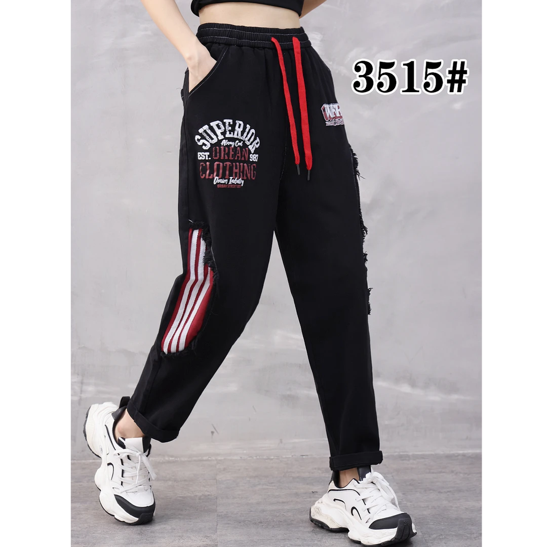 潮牌新品休闲长裤拼色条纹大码水洗牛仔棉高弹字母显瘦秋款跨裤