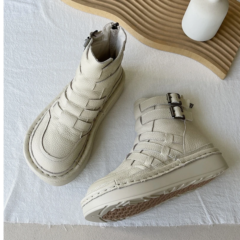 008-17森系韩版大头鞋真牛皮松糕厚底时尚森女休闲鞋系带百马丁靴