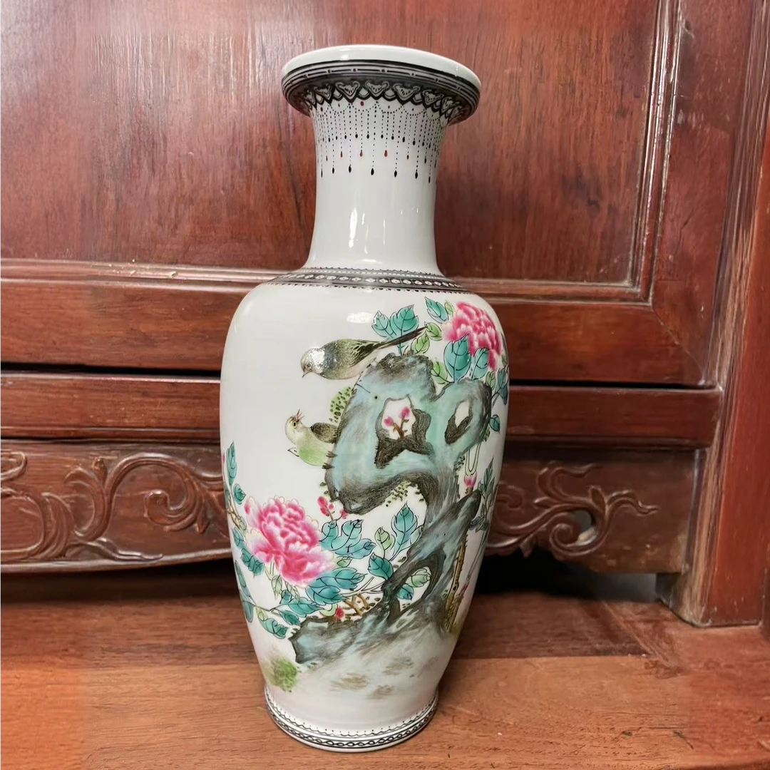 【民国晚期】洞石花鸟瓶古陶瓷W-3201