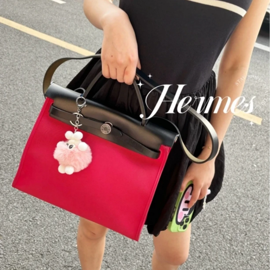 95新 Hermes/爱马仕 小花双双 Herbag 31 极致粉 帆布 A刻 银扣包