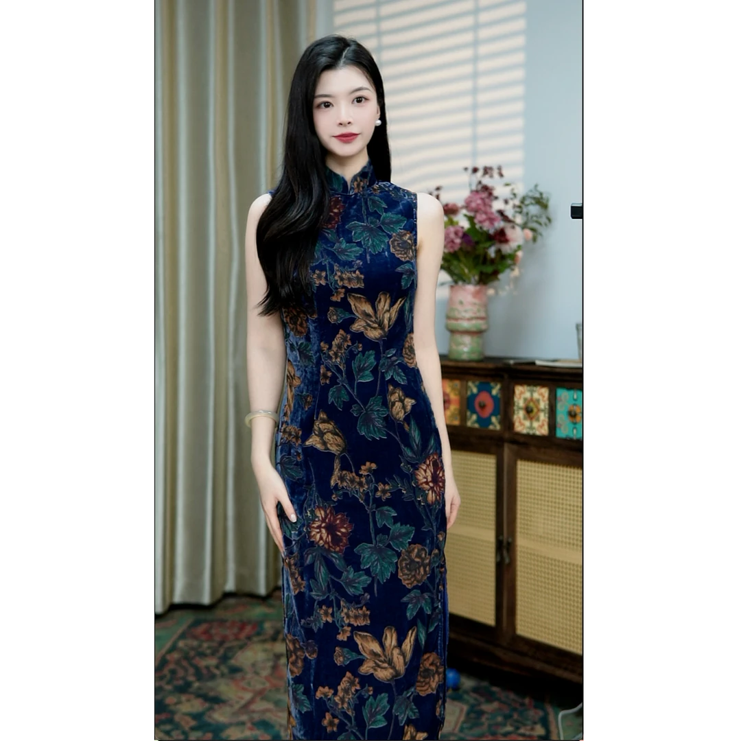 锦笙 |蓝花123cm新中式改良无袖丝绒拉链款修身日常复古年轻旗袍
