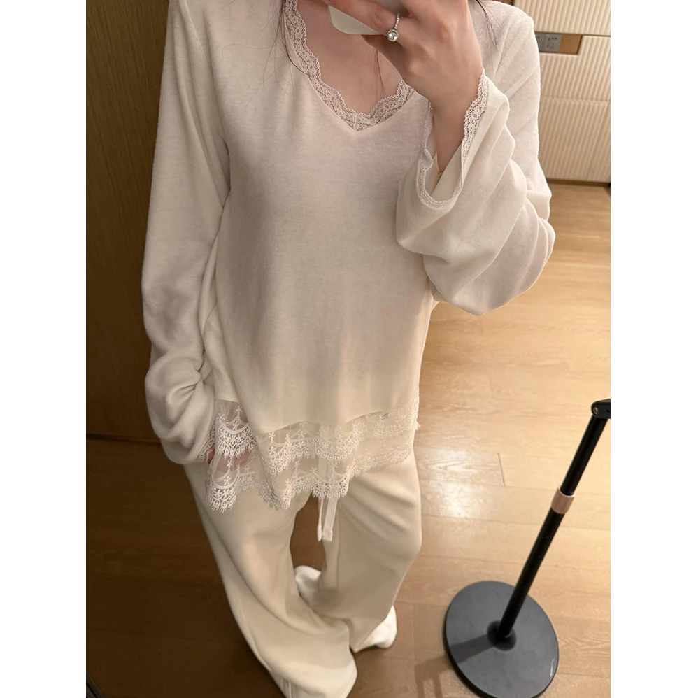 【婉如新生】秋冬白色蕾丝花边下摆拼接长袖打底衫遮屁股加厚保暖上