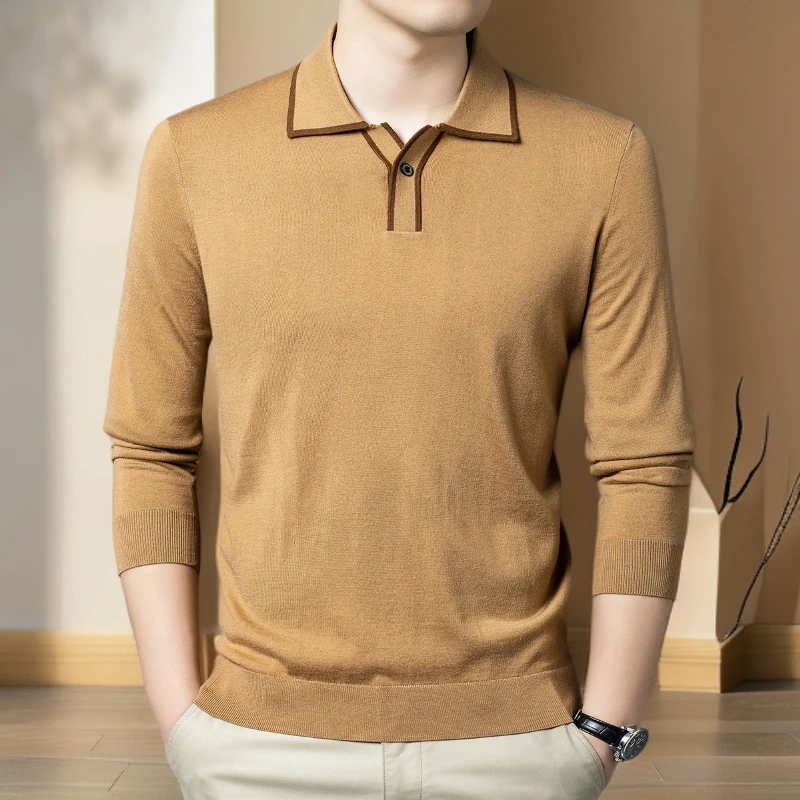 新款秋冬季男士商务针织POLO衫休闲时尚流行打底简约色翻领上衣