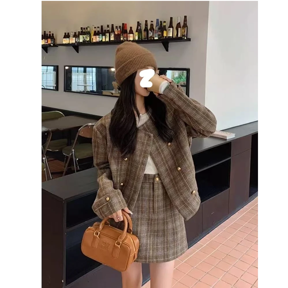 小香风格子毛呢套装女2025新款秋冬搭配一整套小个子半身裙两件套