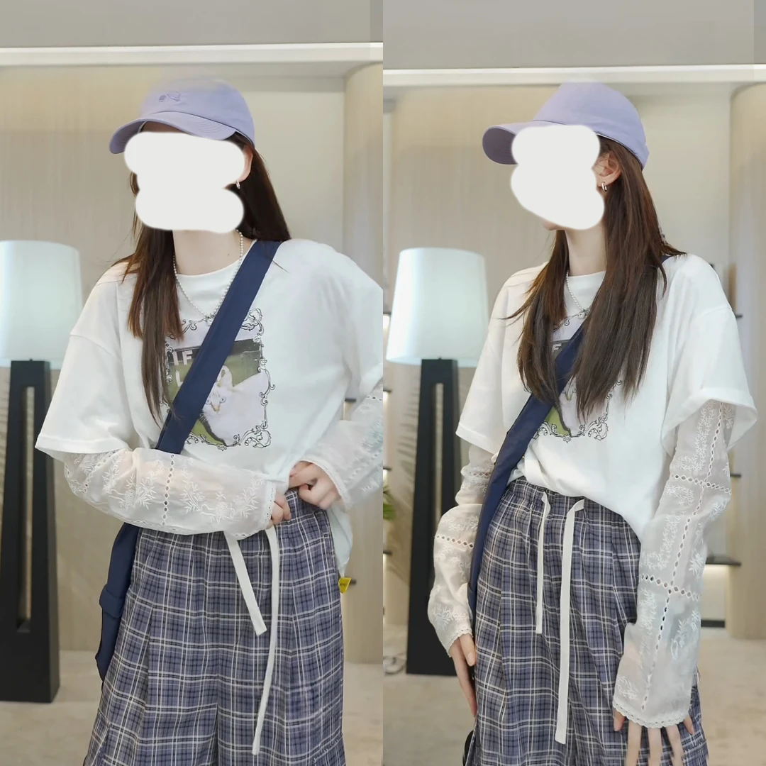 猫咪图案假两件拼接镂空网纱长袖T恤女夏季新款宽松设计感上衣