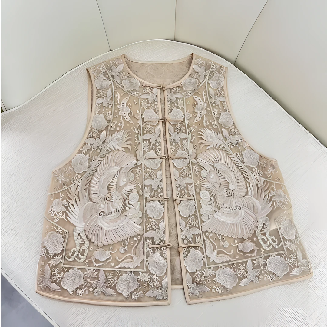 【PALOWAY】 双层桑蚕丝欧根纱 重工苗绣马夹 背心 百搭