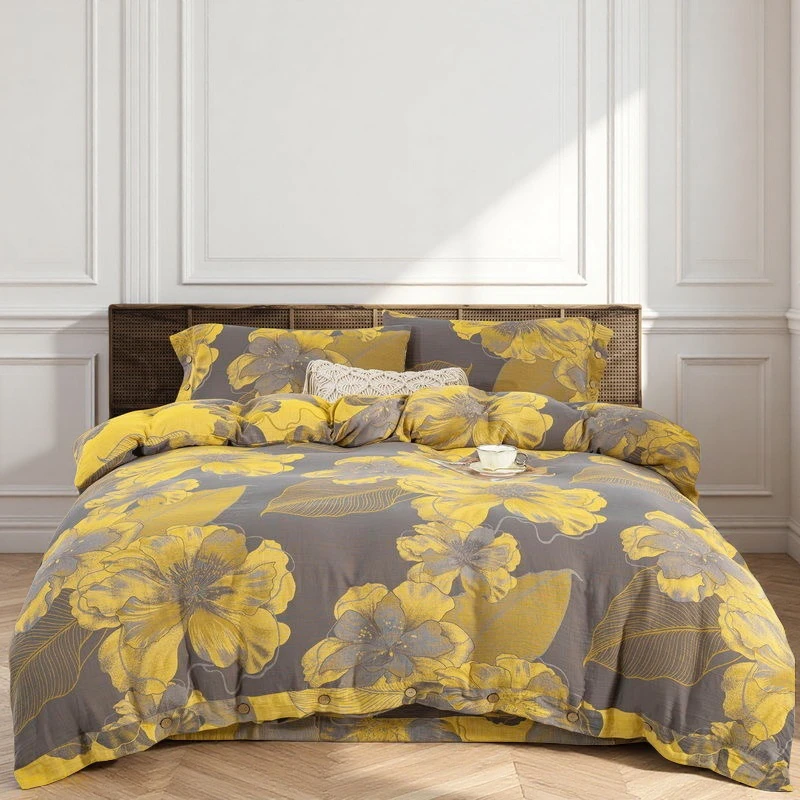 轻奢复古欧式双面印花亲肤棉夹棉双层纱四件套--金晨花语【纽扣】