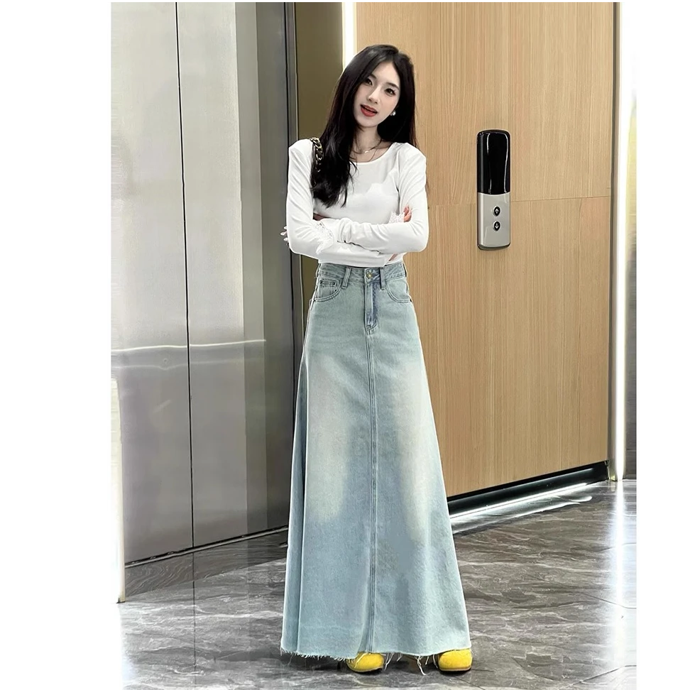 韩系高腰水洗大摆加长牛仔裙年春季新款百搭显瘦半身裙