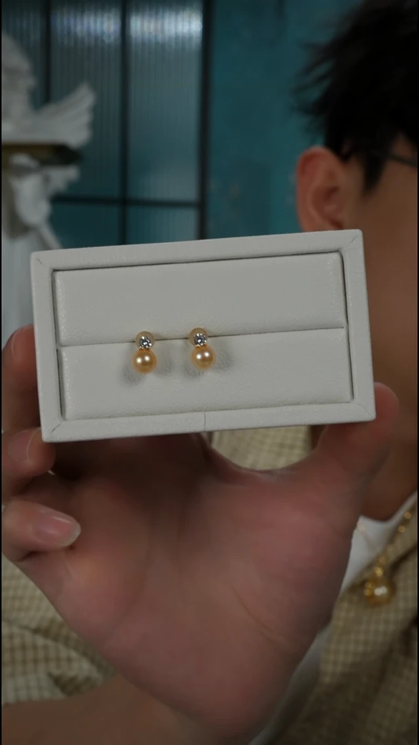 银S925镶嵌耳钉海水珍珠AK羽皇金戴妃7-7.5mm