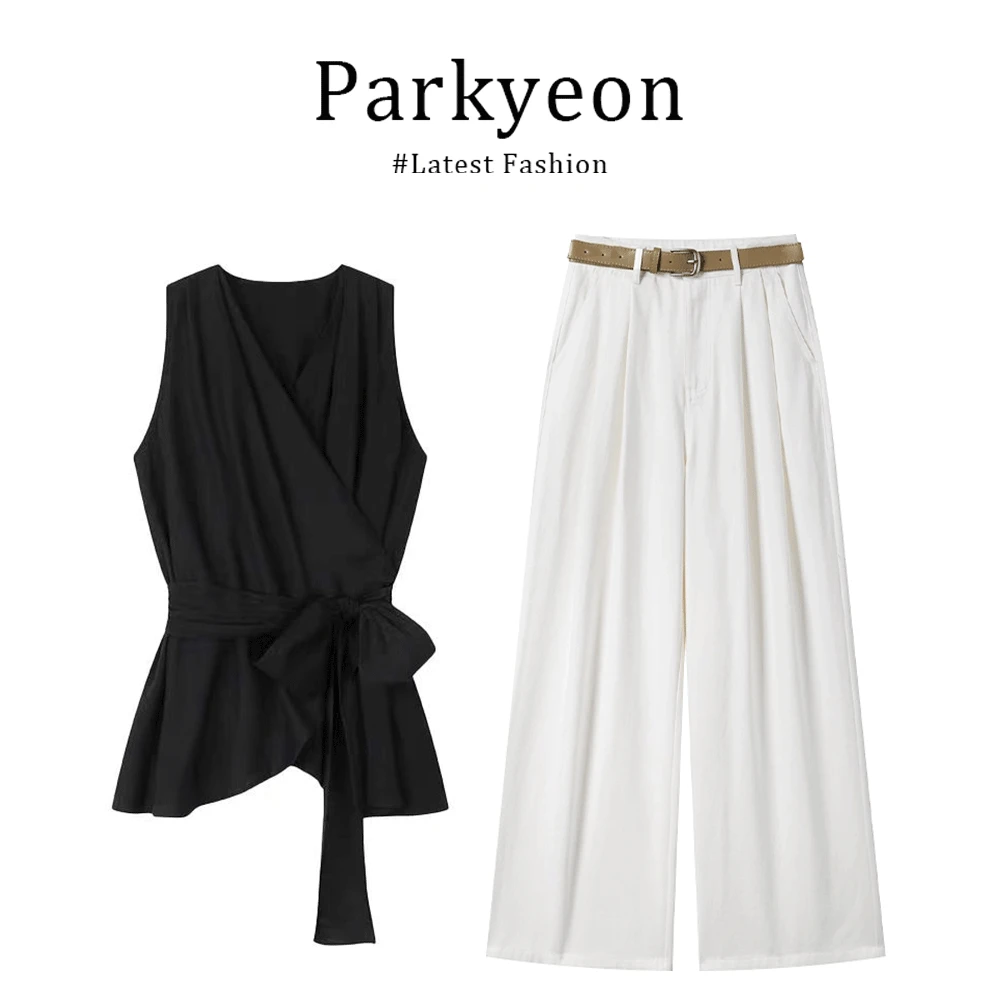 parkyeon2025夏季高级感收腰绑带V领无袖上衣气质显瘦阔腿裤套装
