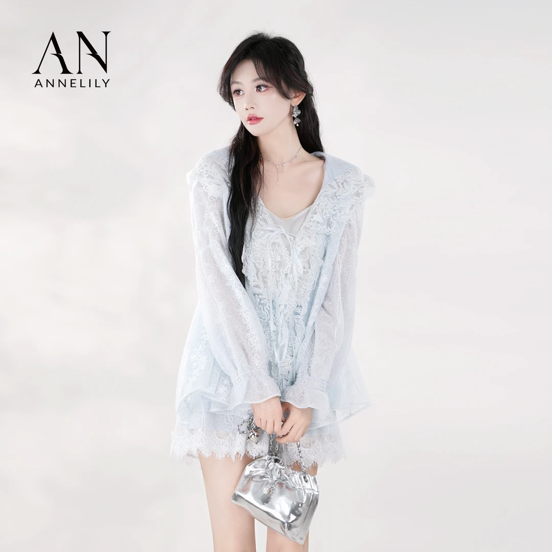 ANNELILY安琪琪【梦棠】轻奢百搭休闲蕾丝连帽防晒套装AT2504058