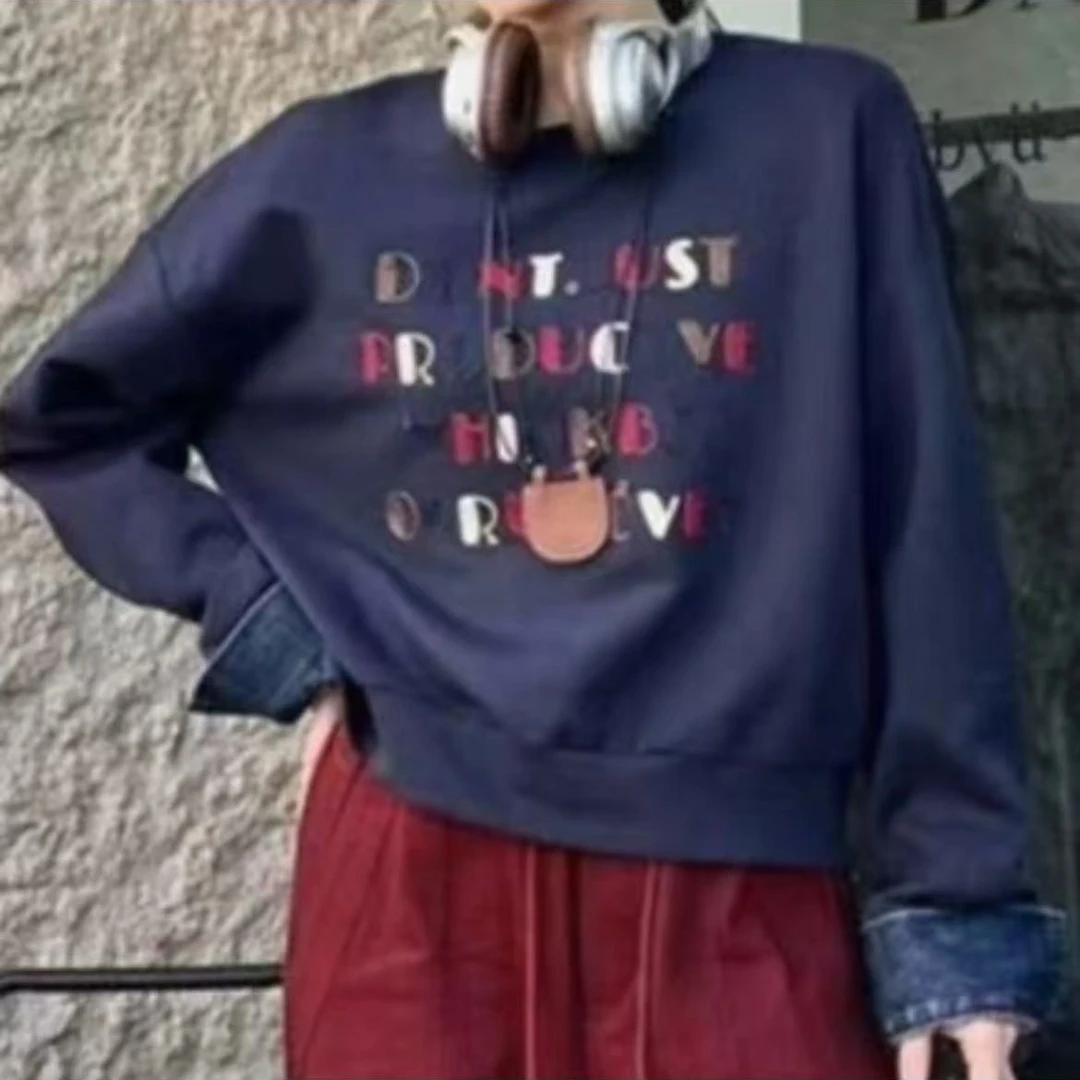 2024春秋新款圆领字母牛仔拼接卫衣休闲百搭女士上衣24298长52