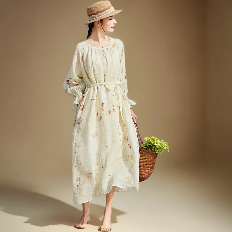 2025春夏新款手工植物印花苎麻中式国风盘扣花瓣夏季连衣裙裙子