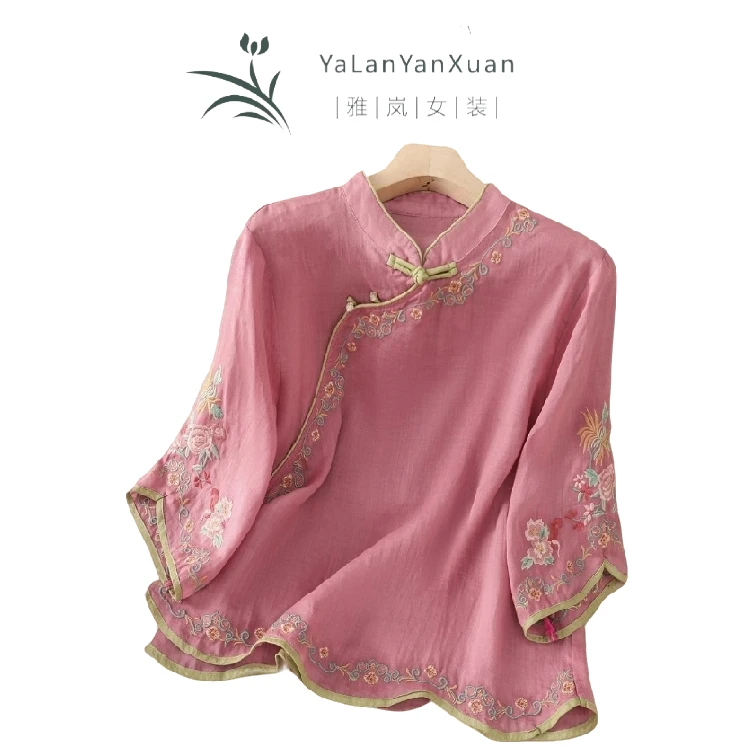 【雅岚女装】时尚洋气显瘦新中式复古刺绣棉麻茶服文艺国风牡丹花