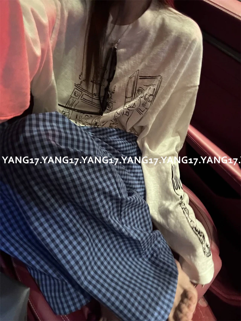 杨十七 100水洗棉定制色织格纹时髦随性宽松蓝格阔腿休闲裤