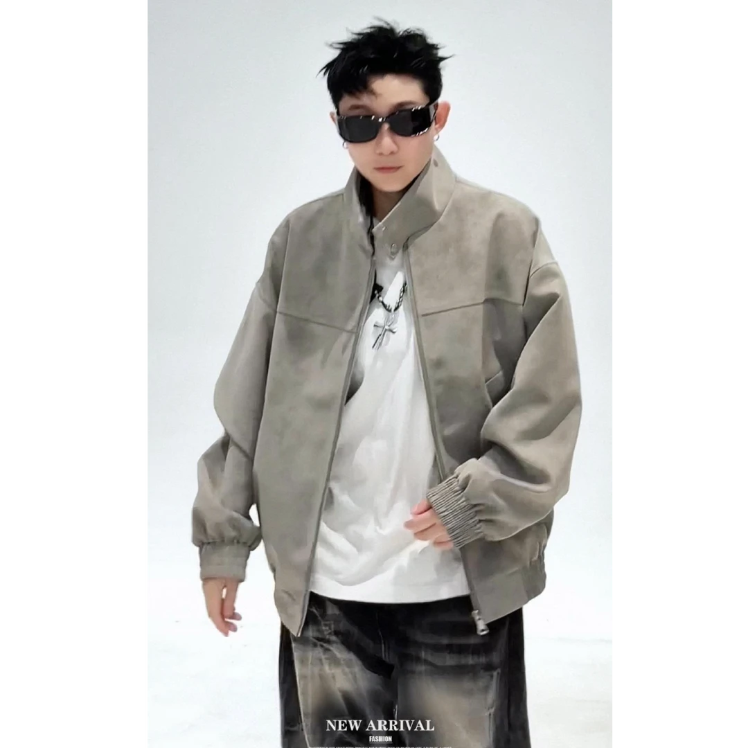 雾面哑光皮衣男扎染立领夹克收口袖秋季美式青少年机车服JCLZ9903