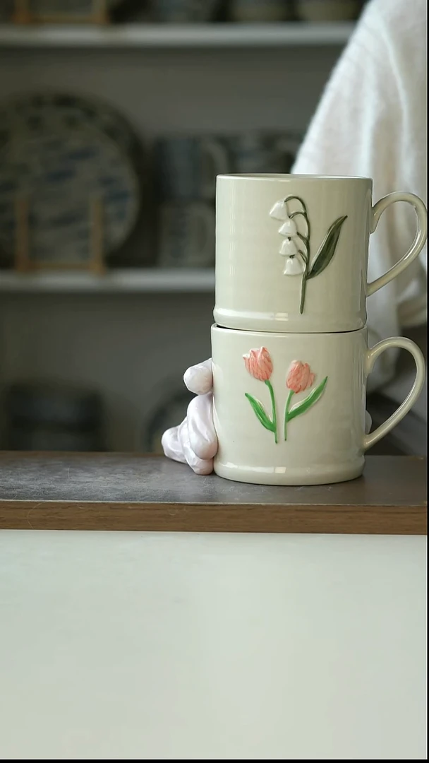 陶瓷出英国GG浮雕铃兰+郁金香马克杯350ml@4-2@微瑕