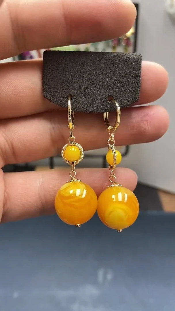 银S925镀金镶嵌蜜蜡耳饰尺寸16mm耳扣D1