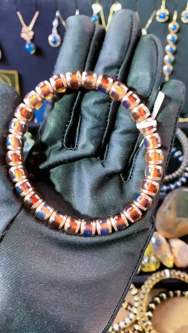 【闪购商品】琥珀珠宝奇石银S925镀金镶嵌8MM红蓝灯笼手串