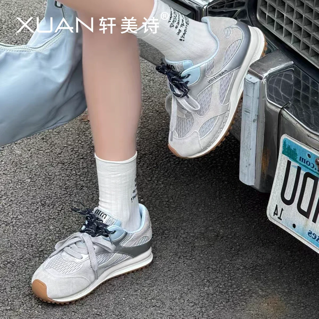 轩美诗90331磨砂皮女德训鞋秋季新款网面透气阿甘休闲运动鞋情侣