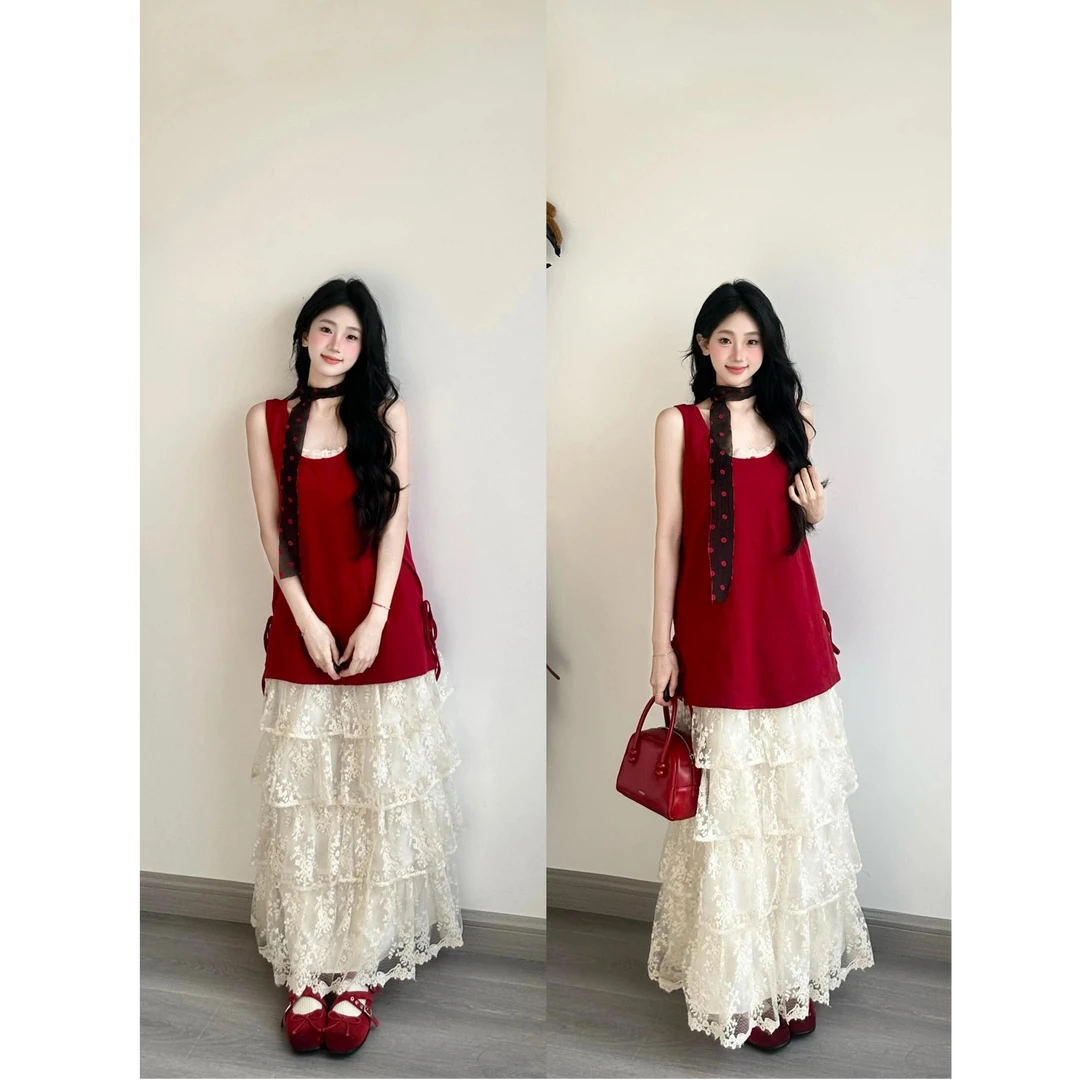 法式网纱拼接蛋糕半身裙2025夏季新款气质百搭慵懒感背心两件套装