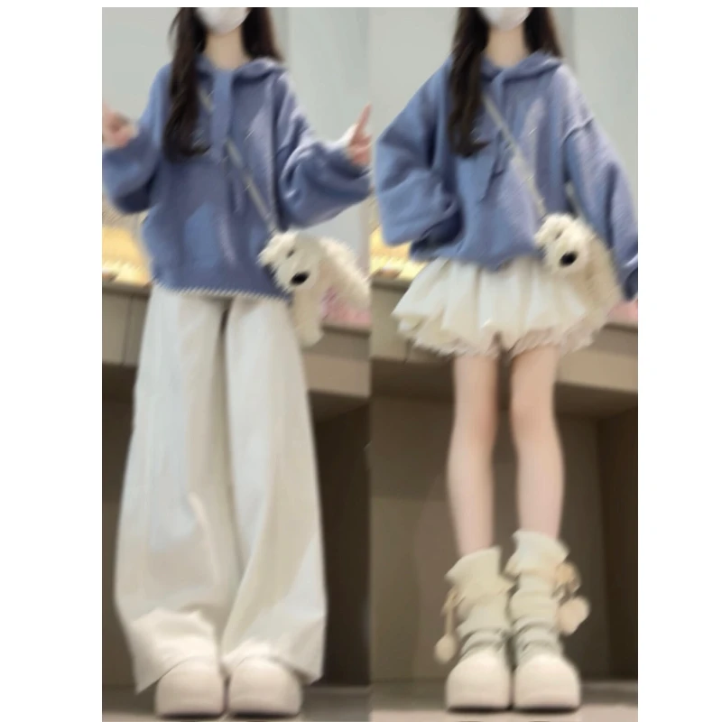 2025秋冬新款韩系复古系带连帽蓝色针织毛衣女搭配半身短裙两件套