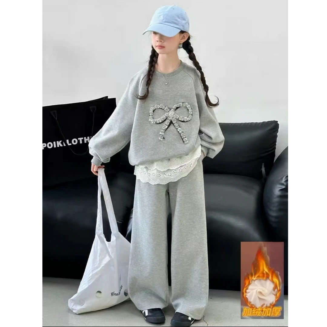 女童时尚韩版花边蝴蝶套装和加绒款2025新款秋款