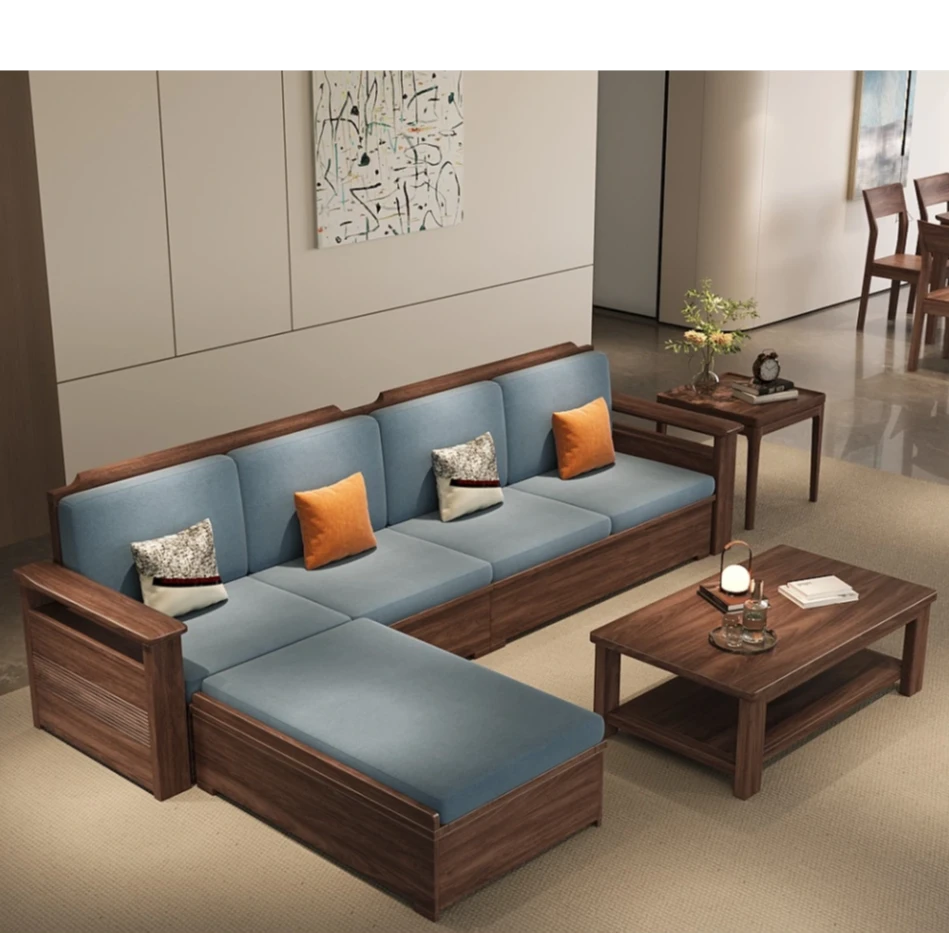 F612胡桃木实木沙发组合客厅现代简约转角木质沙发中式轻奢家具