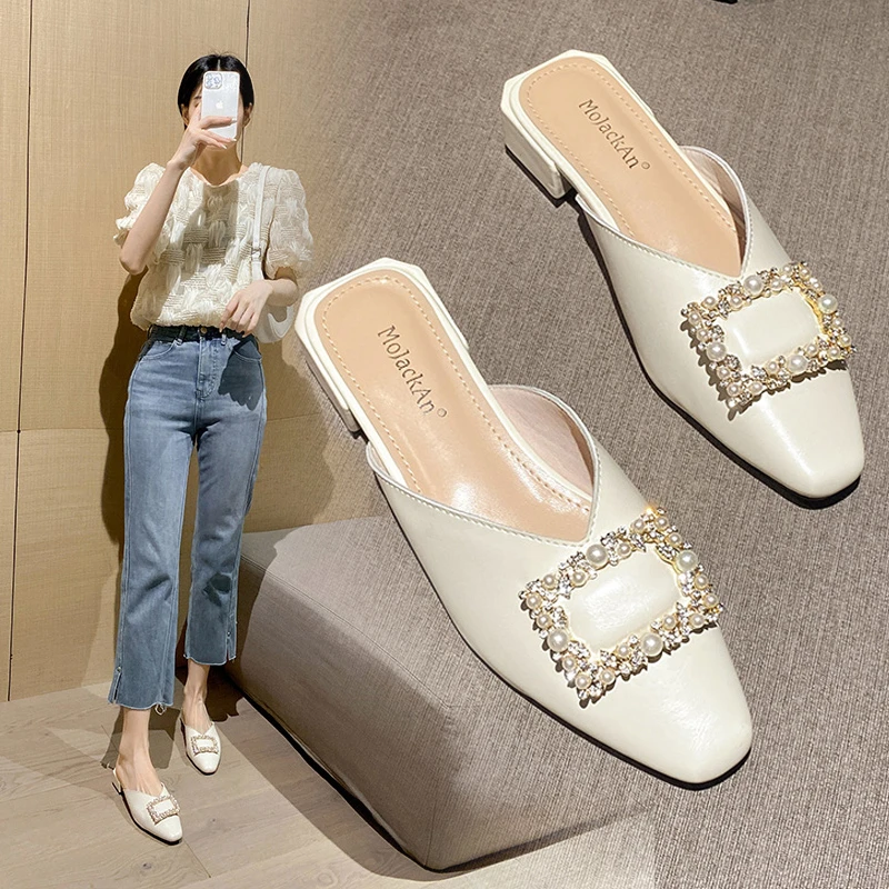 广州女鞋真皮百搭网红春季粗跟气质时尚包头半拖鞋女外穿夏季凉拖