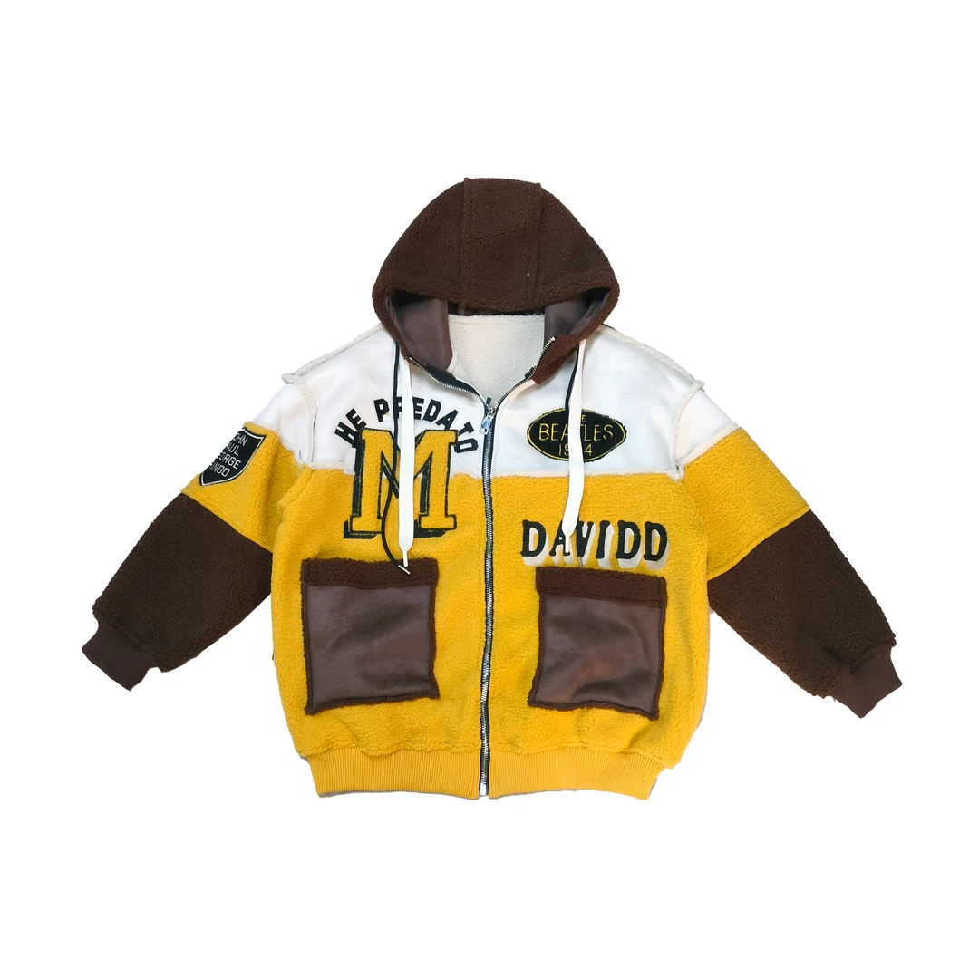 2024年秋冬新款时尚百搭连帽拼色加绒加厚长袖厚外套7412