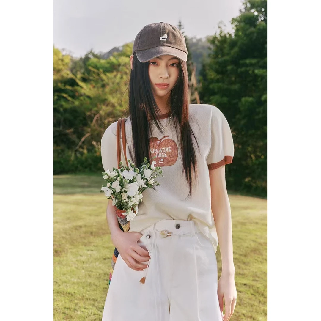 撞色短袖针织衫2025年夏季新款时尚珠片绣休闲上衣T恤女6788