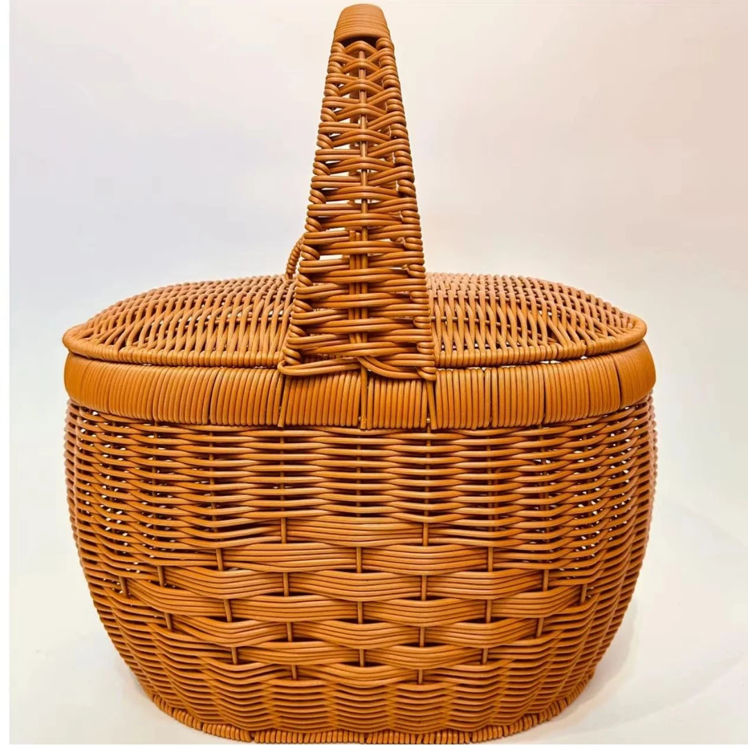 手工编织带盖龙骨纹提篮收纳篮买菜采摘购物篮