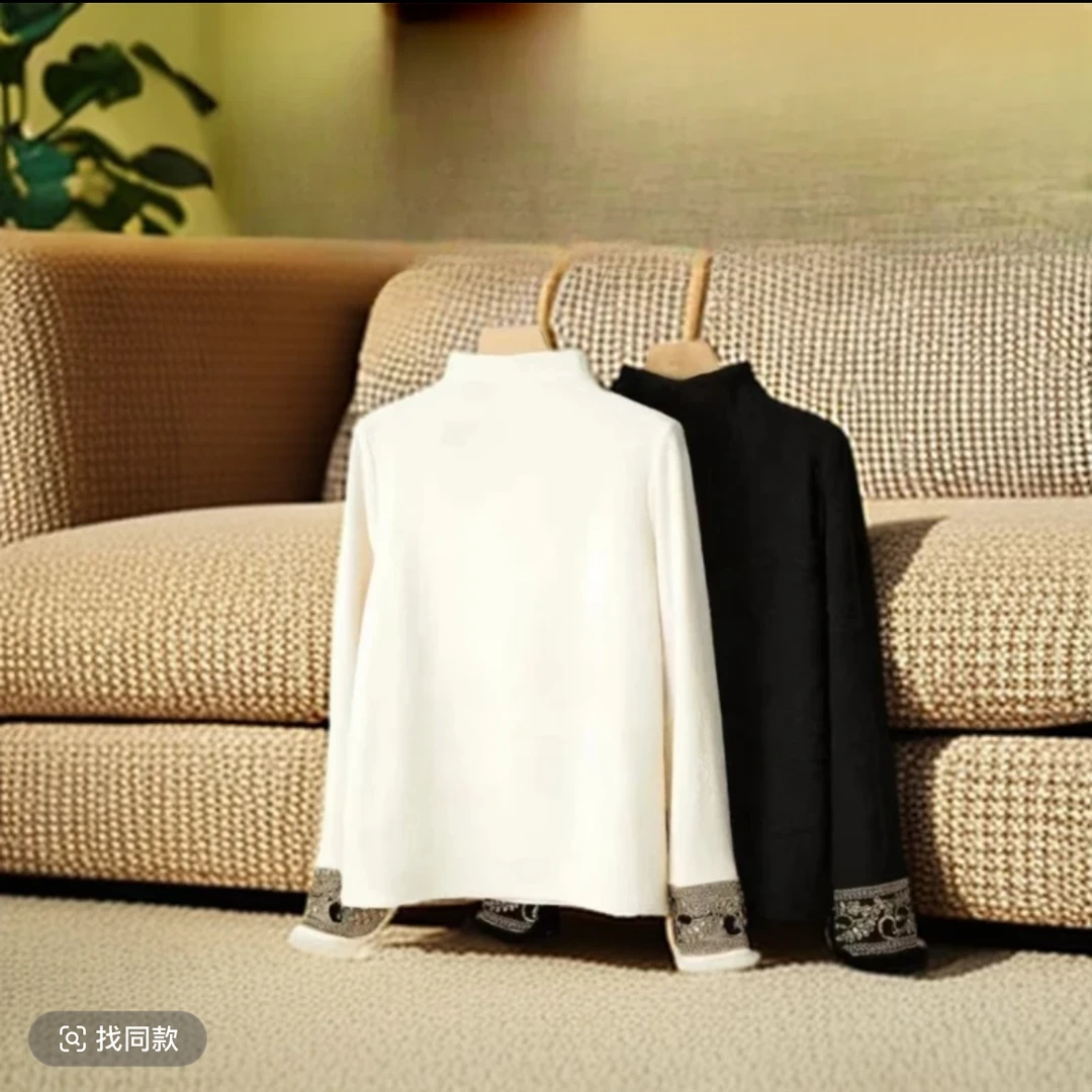 【秋风经过】新中式国风半高领加绒加厚女士弹力纯色打底衫0591