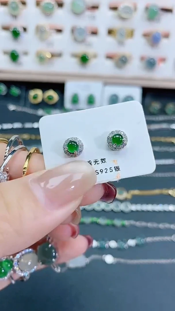 银S925镶嵌翡翠耳饰天然翡翠