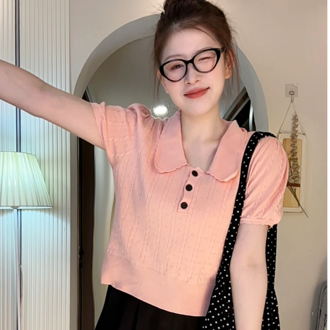 8003 甜美减龄娃娃领麻花短袖冰丝针织衫撞色显瘦百搭上衣