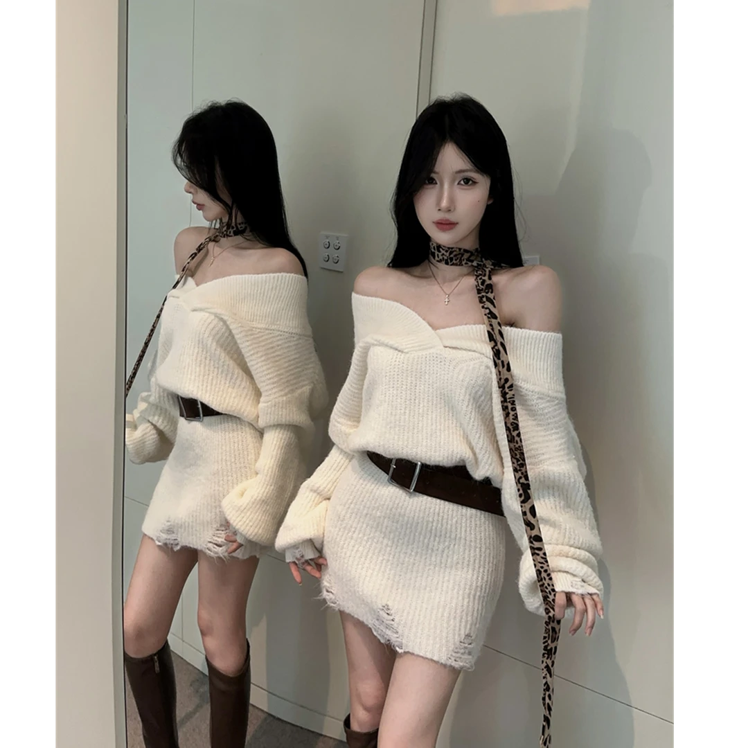 秋冬新款名媛风V领修身辣妹毛针织短裙性感包臀破洞加厚连衣裙