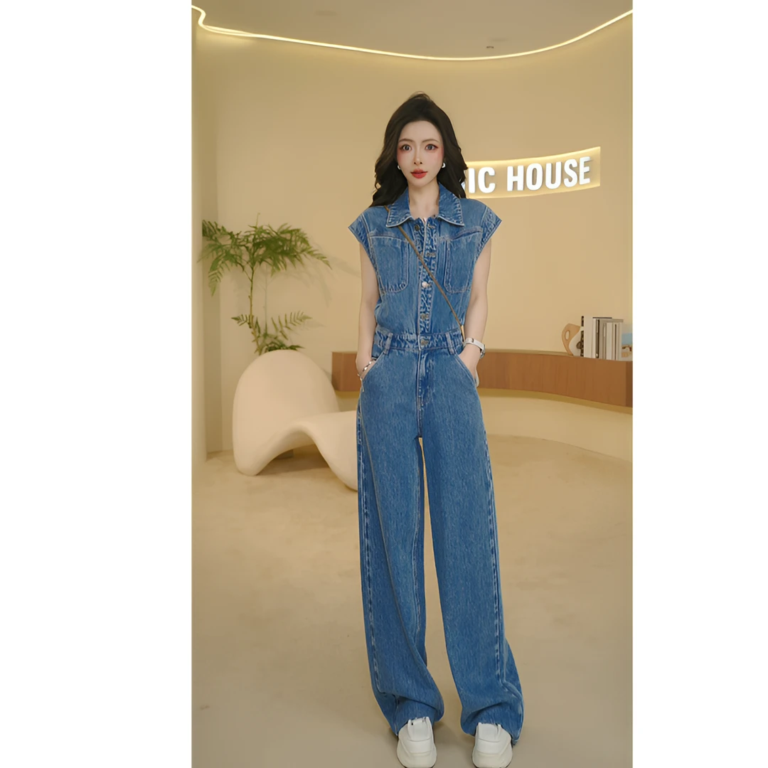 Basic House/百家好2025春夏新款气质减龄工装无袖牛仔连体裤女