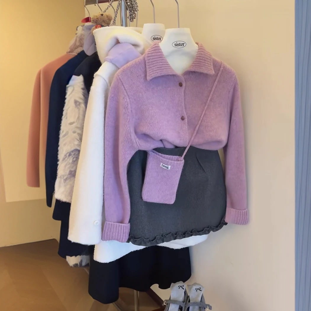 INS CEC翻领紫色毛衣针织半身裙套装女秋冬宽松上衣短裙两件套