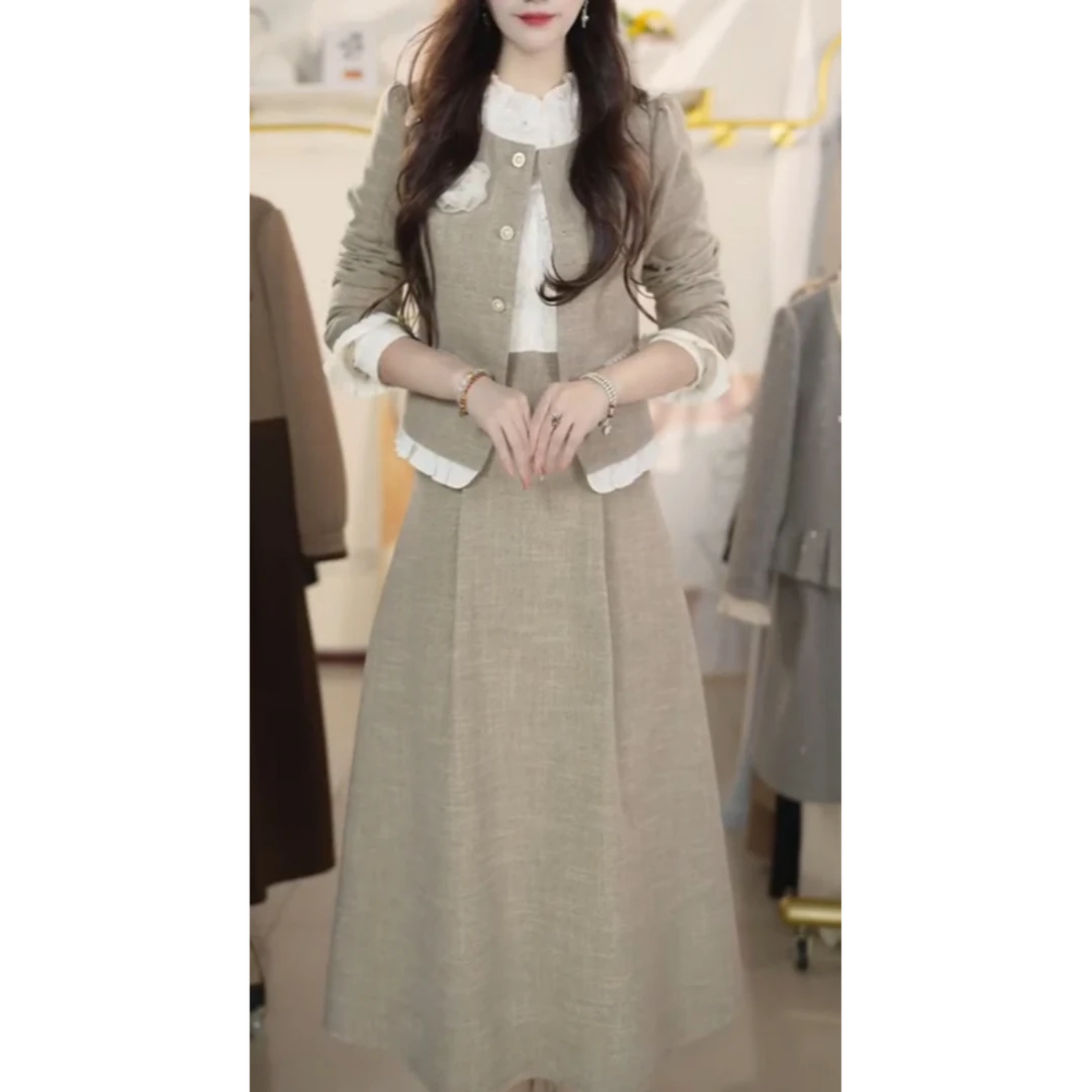 法式宫廷风时尚套装收腰减龄长袖秋冬修身气质裙套装Y879295