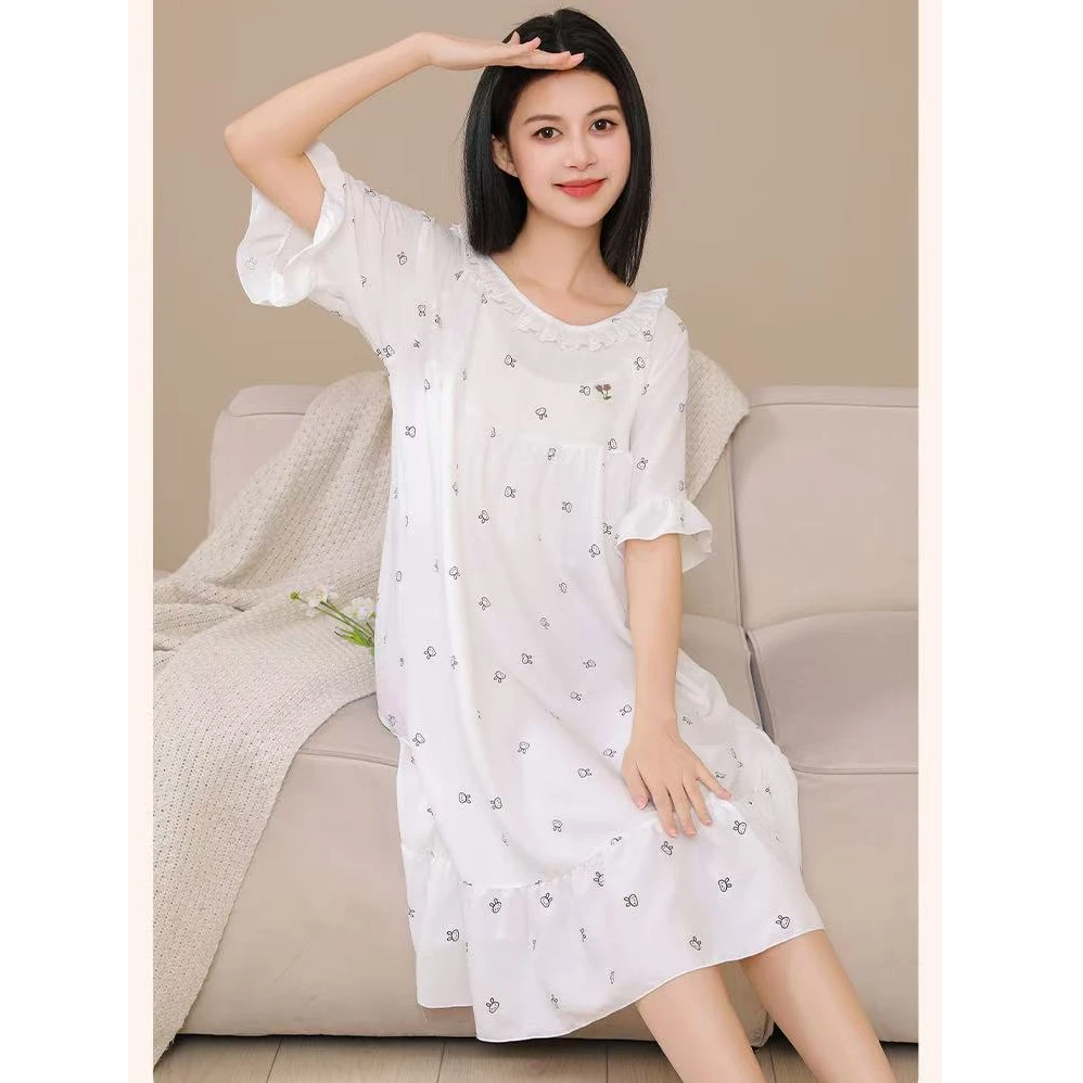 蕊柏斯夏季新款女印花云朵家居睡裙宽松舒适大码薄款连衣裙