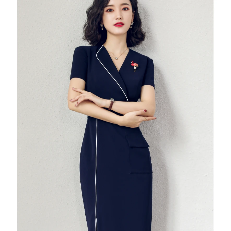 Q259夏季连衣裙藏青色优雅工装裙时尚空姐前台套裙工作名媛C